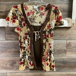 FRED DAVID Womens Petite Floral Blouse Faux Camisole Lace Trim Pleated Size PM